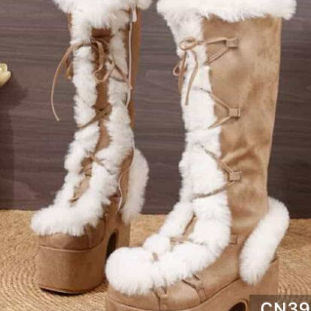 Elegant Tan and White Fur-Trimmed Women's Boots